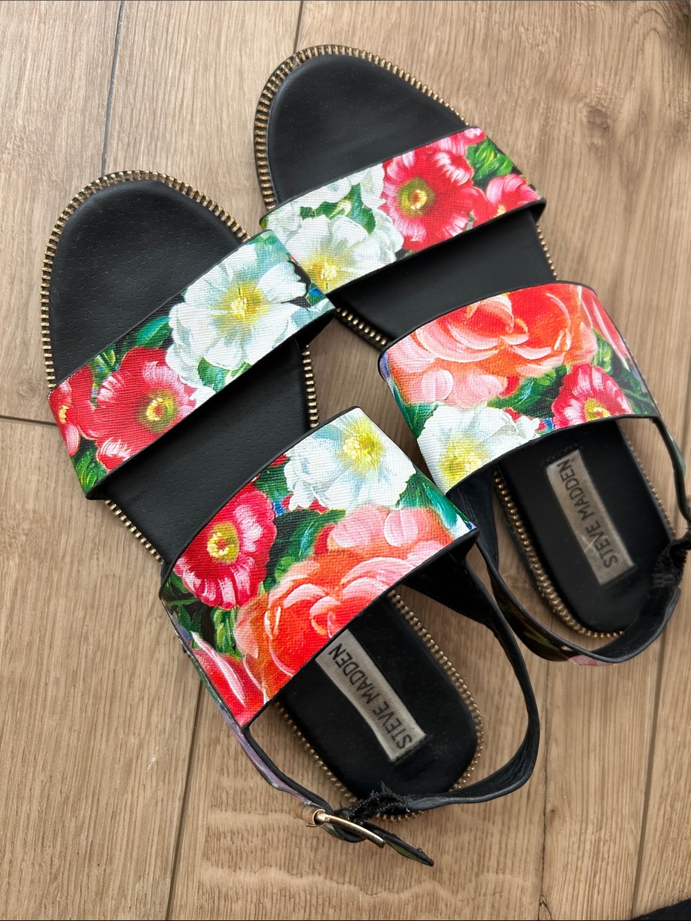 Steve Madden Floral Double-Strap Sandals in Red, White, Green